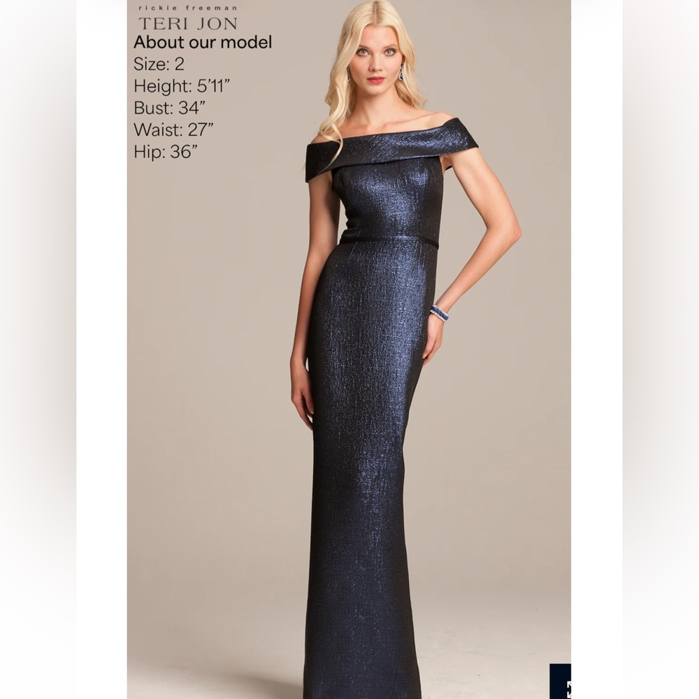 Rickie Freeman for Teri Jon Off-the-Shoulder Navy Metallic Gown
